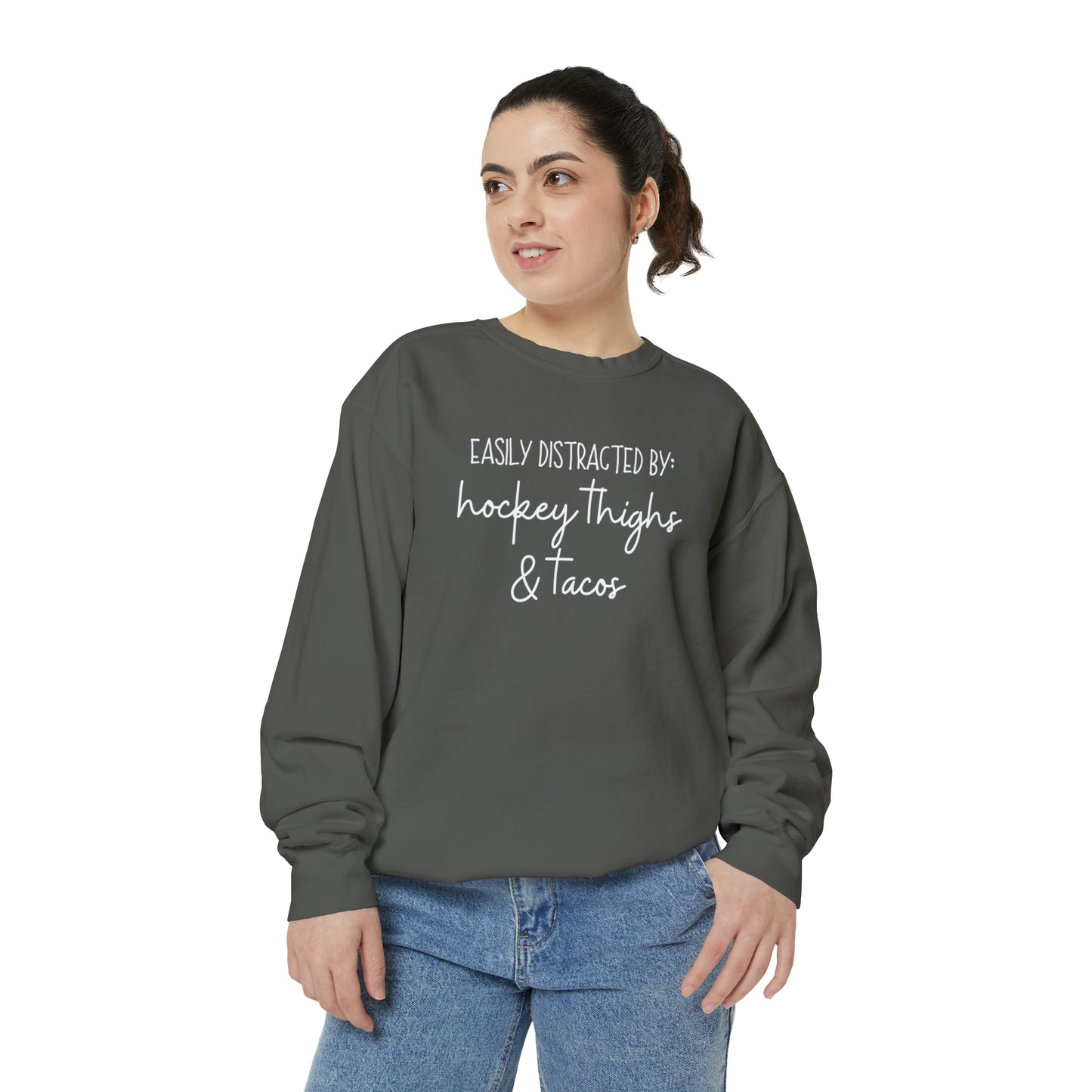 Easily Distracted by Hockey Thighs & Tacos Unisex Comfort Colors Sweatshirt