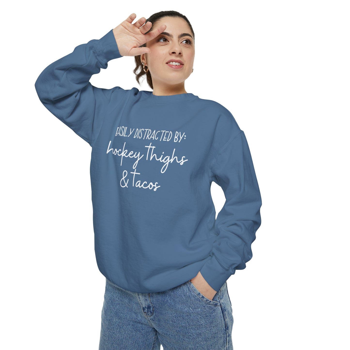 Easily Distracted by Hockey Thighs & Tacos Unisex Comfort Colors Sweatshirt