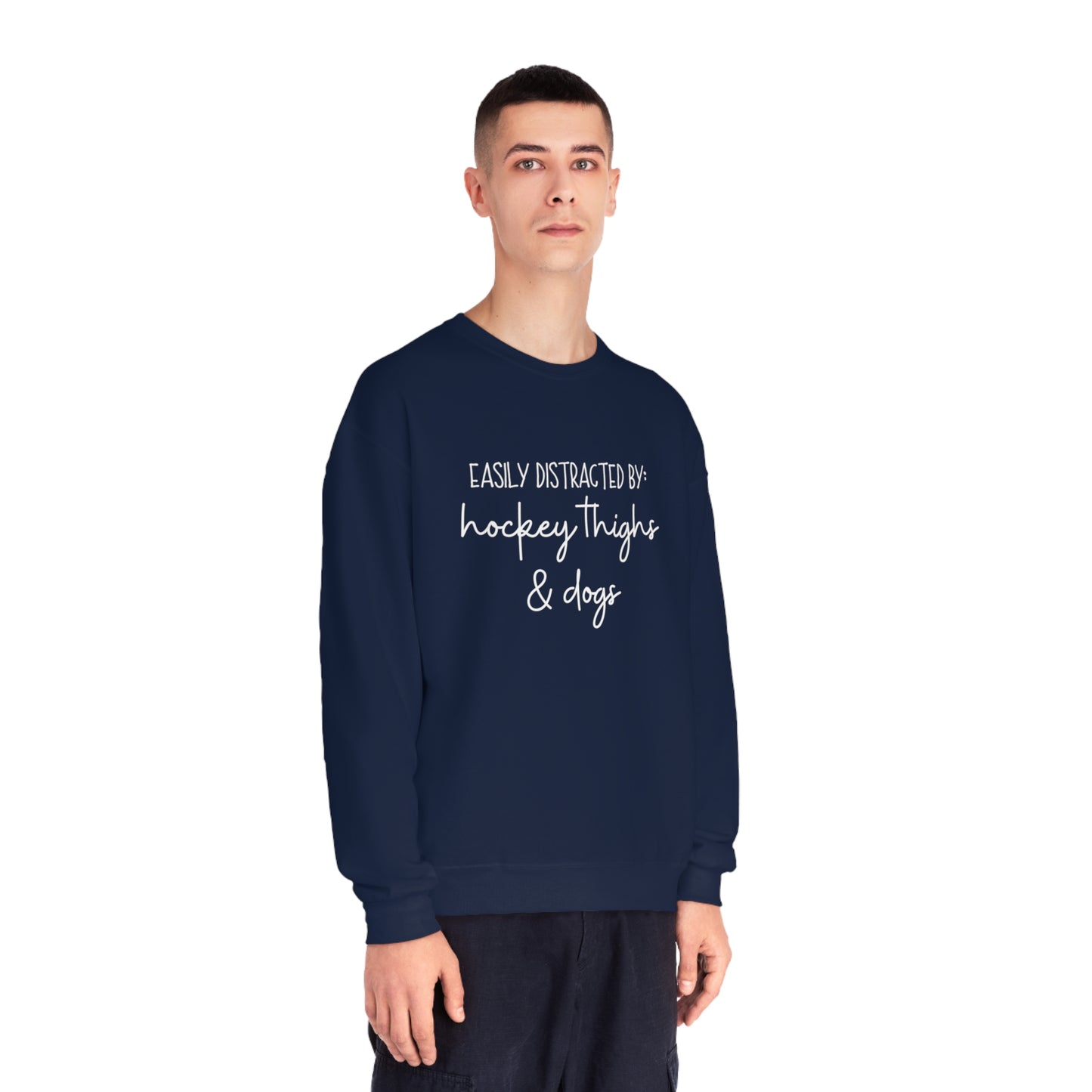Easily Distracted by Hockey Thighs and Dogs Unisex Jerzees Crewneck Sweatshirt