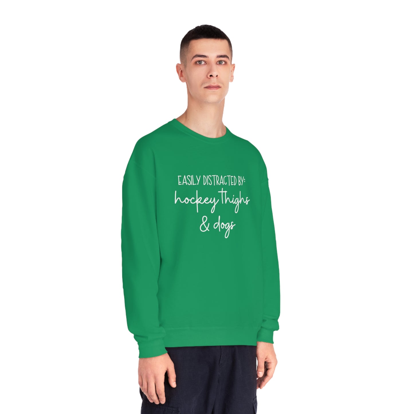 Easily Distracted by Hockey Thighs and Dogs Unisex Jerzees Crewneck Sweatshirt