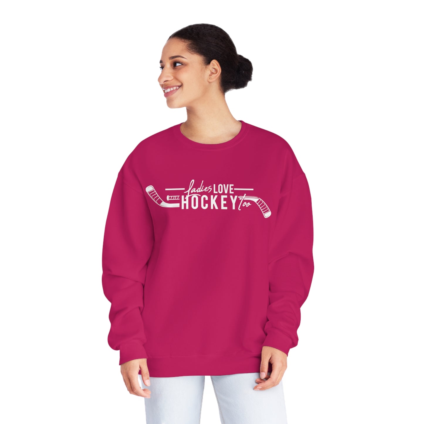 Ladies Love Hockey Too Unisex Jerzees Crewneck Sweatshirt