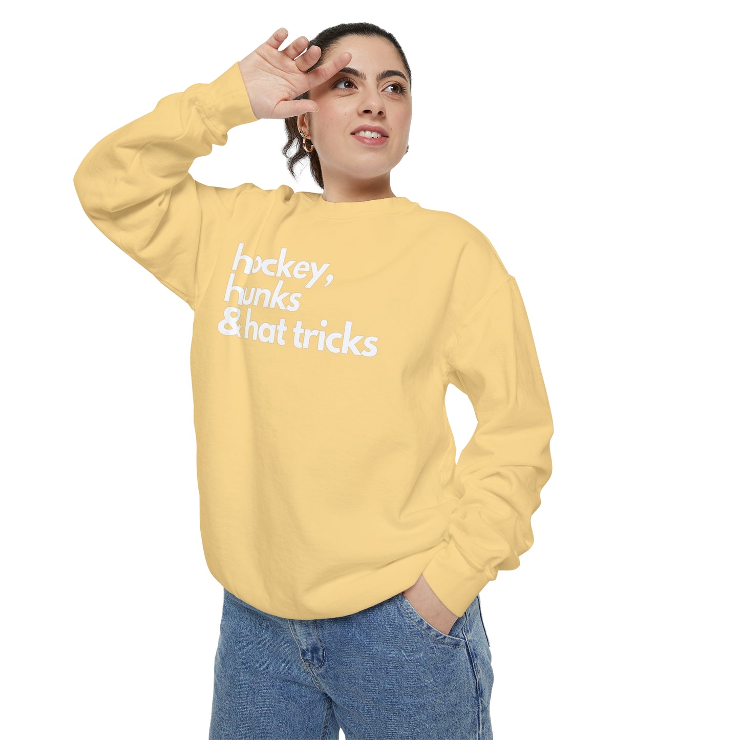 Hockey, Hunks & Hat Tricks Unisex Comfort Colors Crewneck Sweatshirt