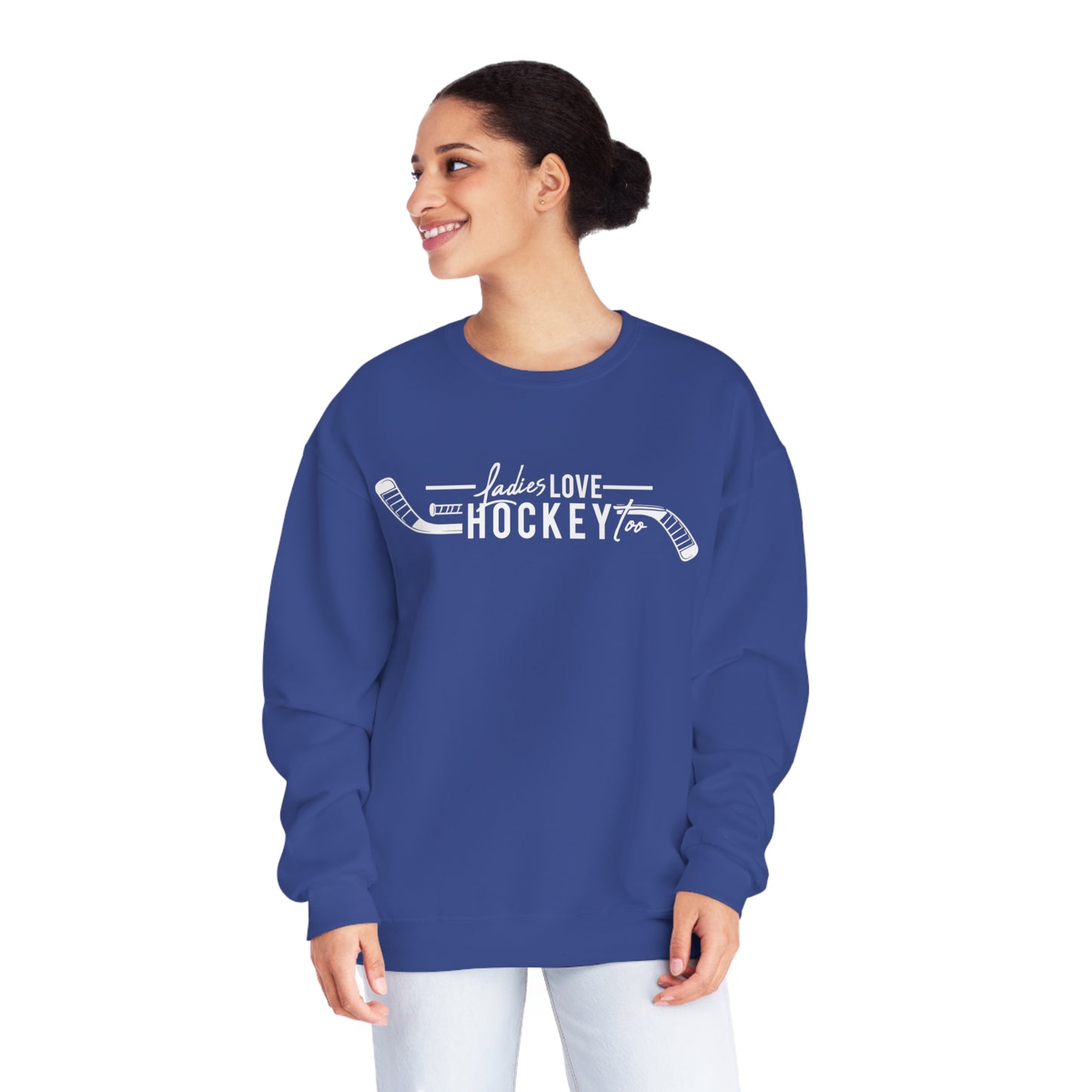 Ladies Love Hockey Too Unisex Jerzees Crewneck Sweatshirt