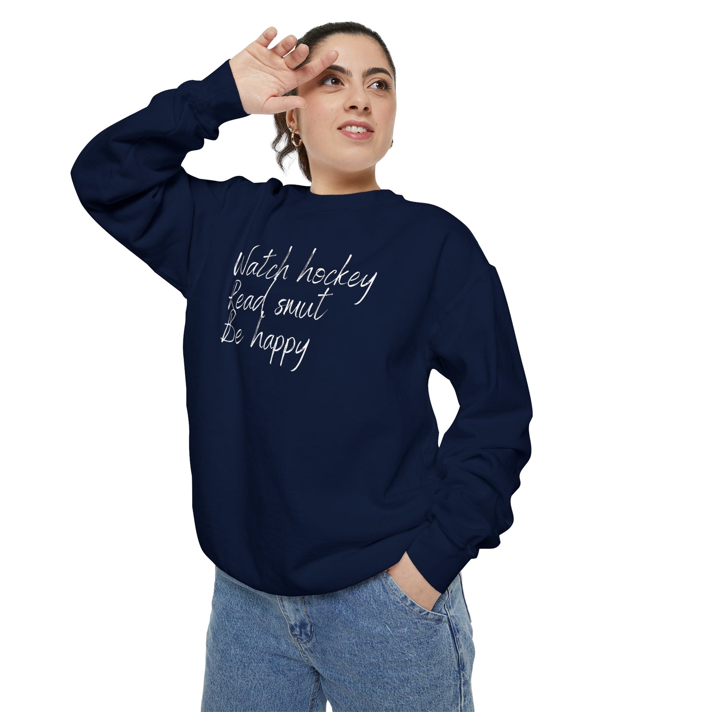 Watch Hockey. Read Smut. Be Happy Unisex Comfort Colors Crewneck Sweatshirt