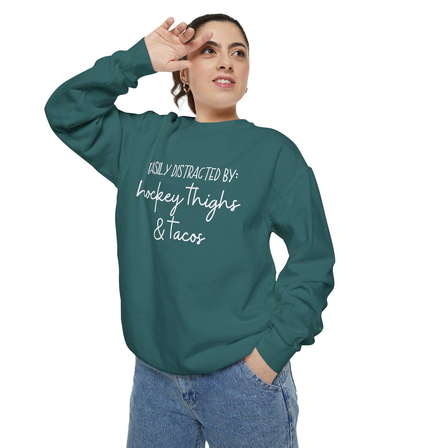 Easily Distracted by Hockey Thighs & Tacos Unisex Comfort Colors Sweatshirt