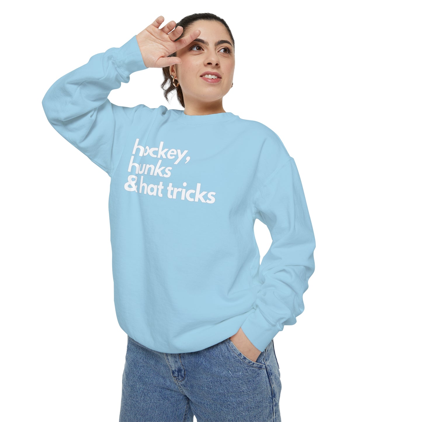 Hockey, Hunks & Hat Tricks Unisex Comfort Colors Crewneck Sweatshirt