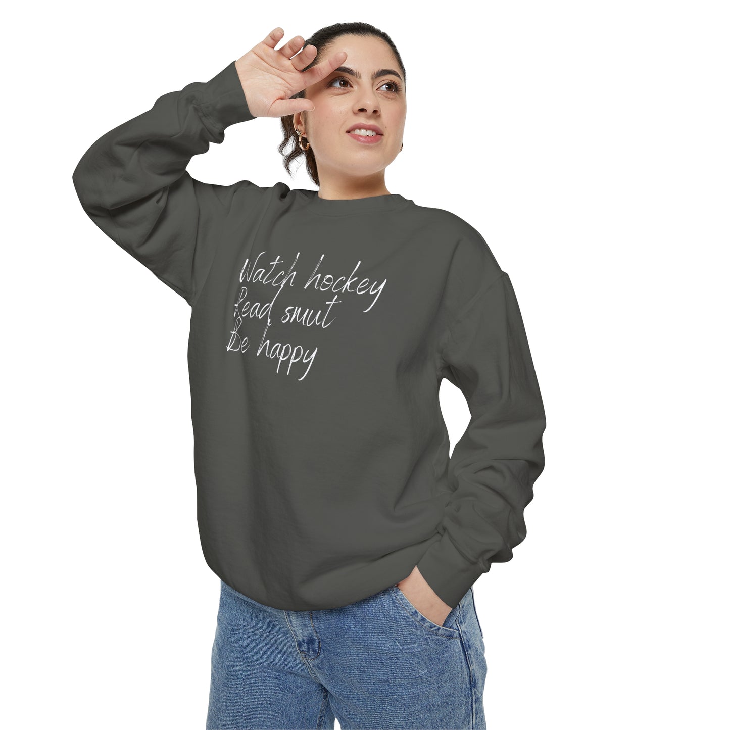 Watch Hockey. Read Smut. Be Happy Unisex Comfort Colors Crewneck Sweatshirt
