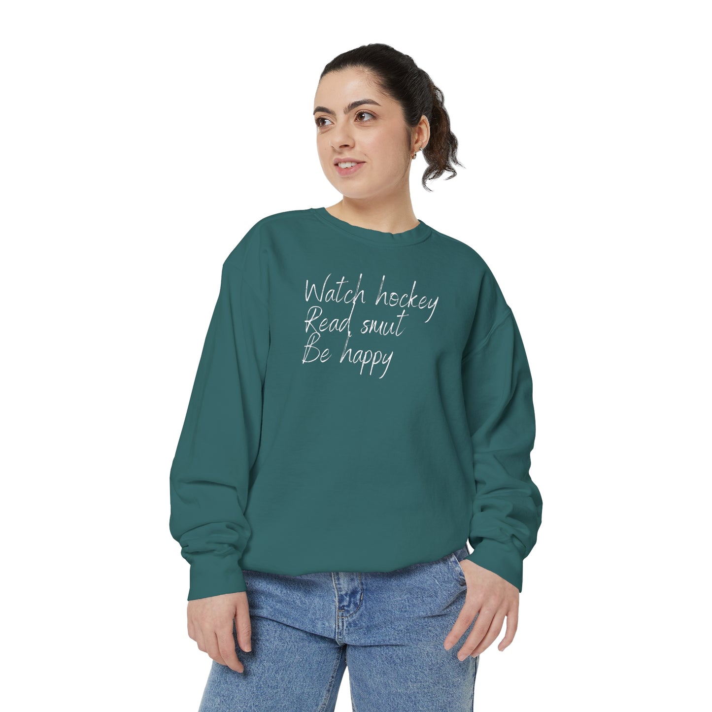 Watch Hockey. Read Smut. Be Happy Unisex Comfort Colors Crewneck Sweatshirt