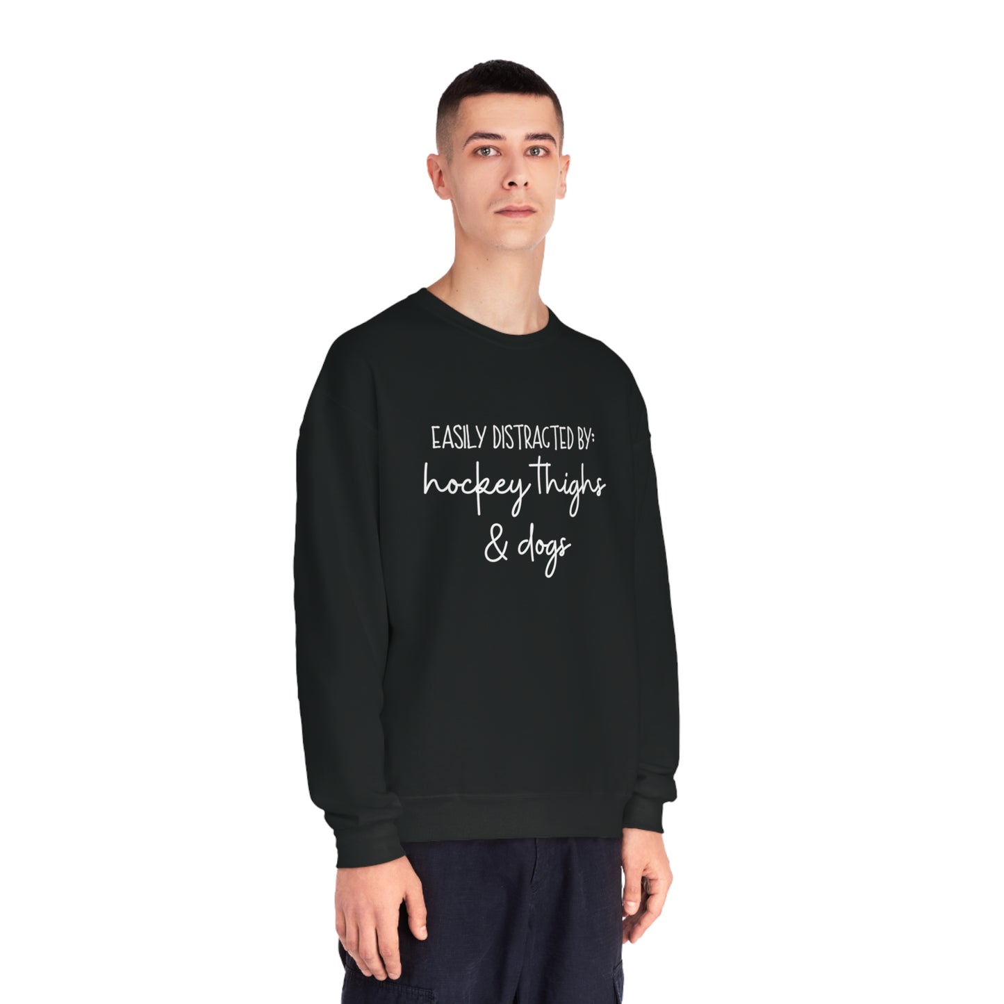 Easily Distracted by Hockey Thighs and Dogs Unisex Jerzees Crewneck Sweatshirt