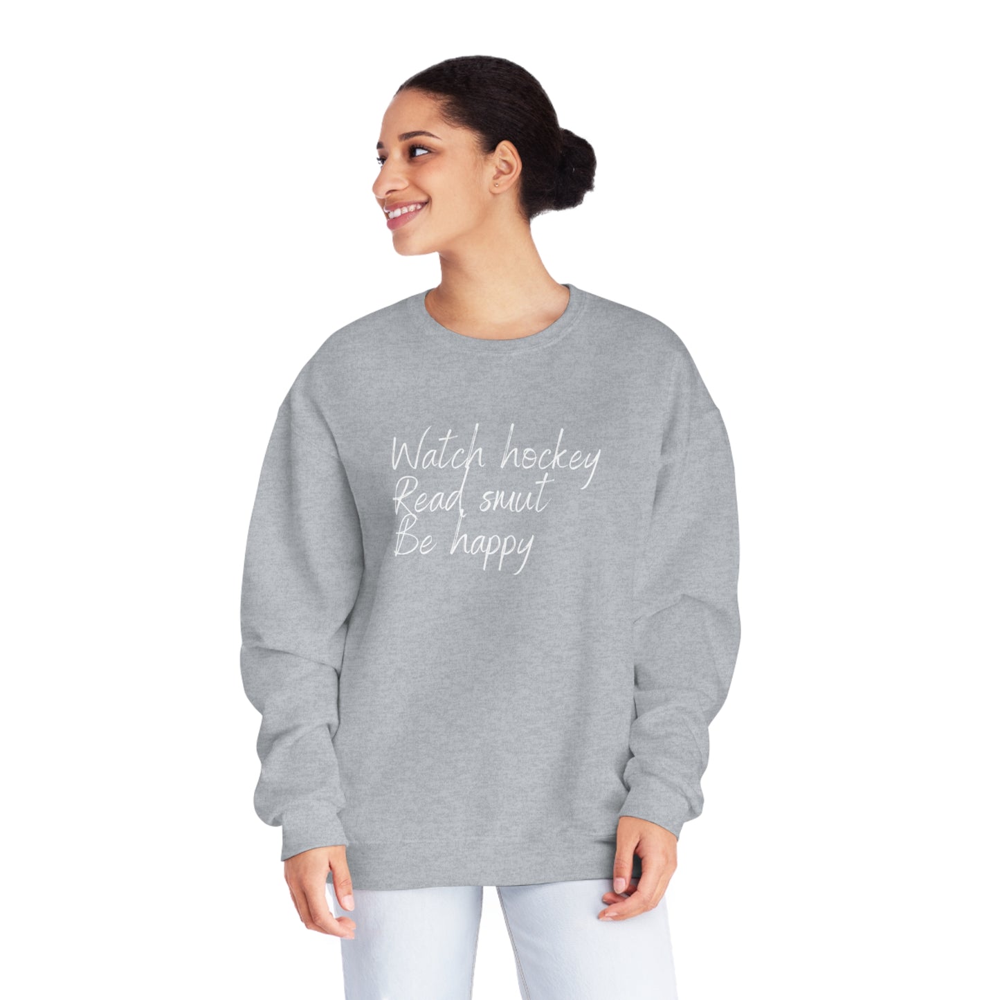 Watch Hockey. Read Smut. Be Happy Unisex Jerzees Crewneck Sweatshirt