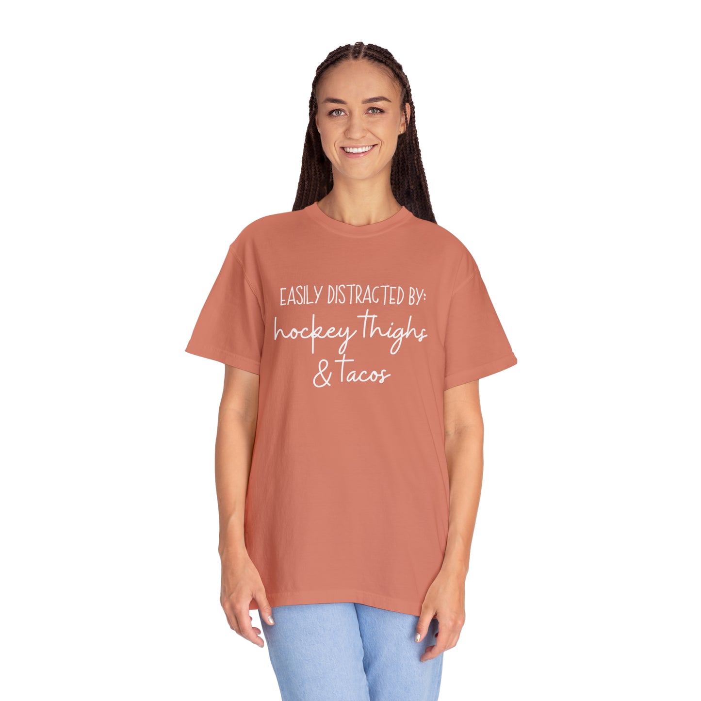 Easily Distracted by: Hockey Thighs and Tacos Unisex Comfort Colors T-shirt