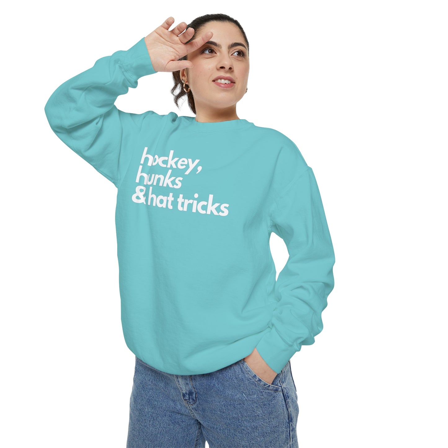 Hockey, Hunks & Hat Tricks Unisex Comfort Colors Crewneck Sweatshirt