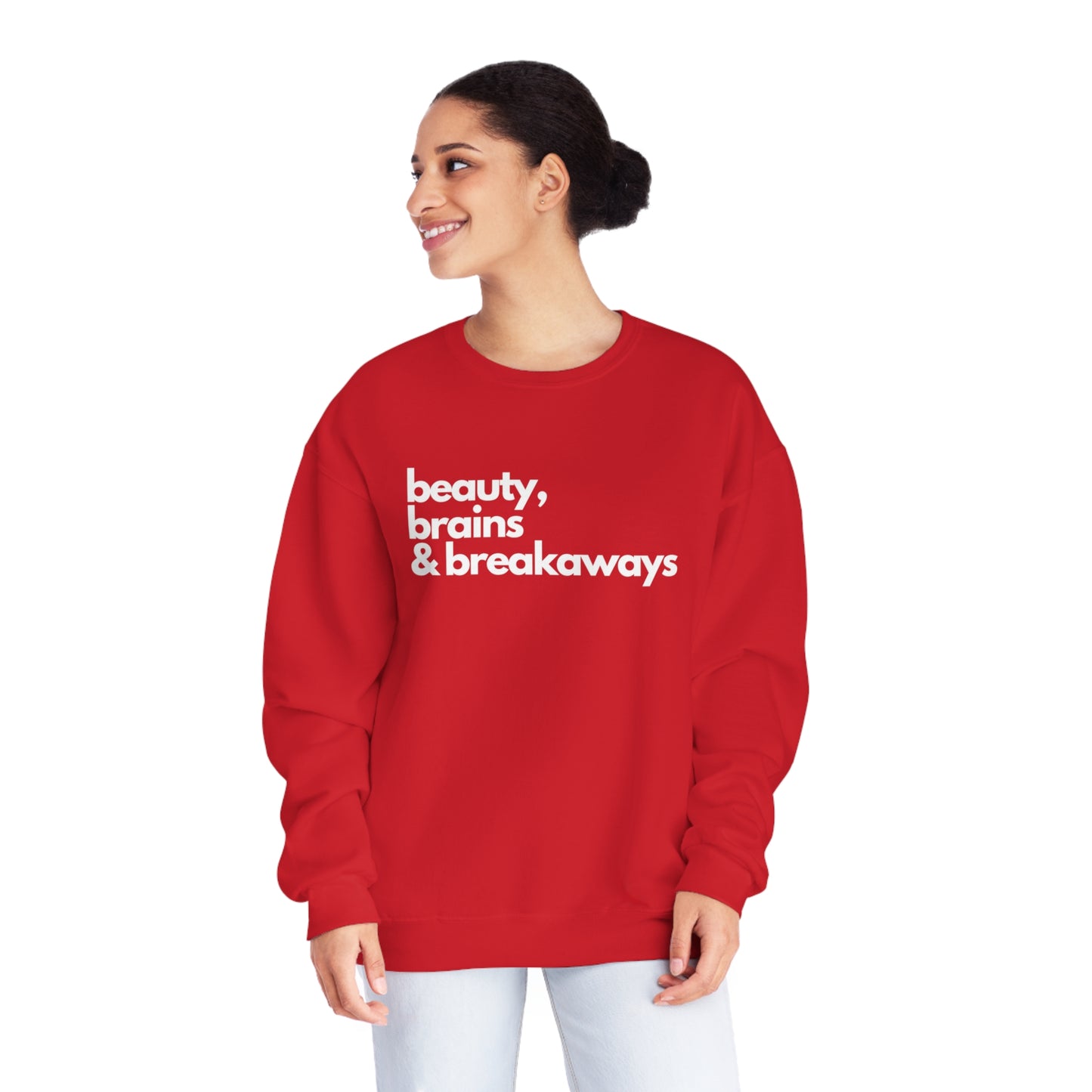 Beauty, Brains & Breakaways Unisex Jerzees Crewneck Sweatshirt