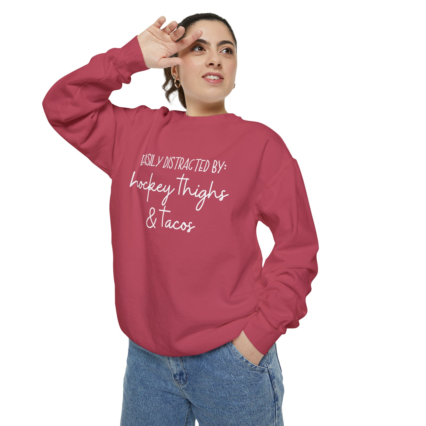 Easily Distracted by Hockey Thighs & Tacos Unisex Comfort Colors Sweatshirt