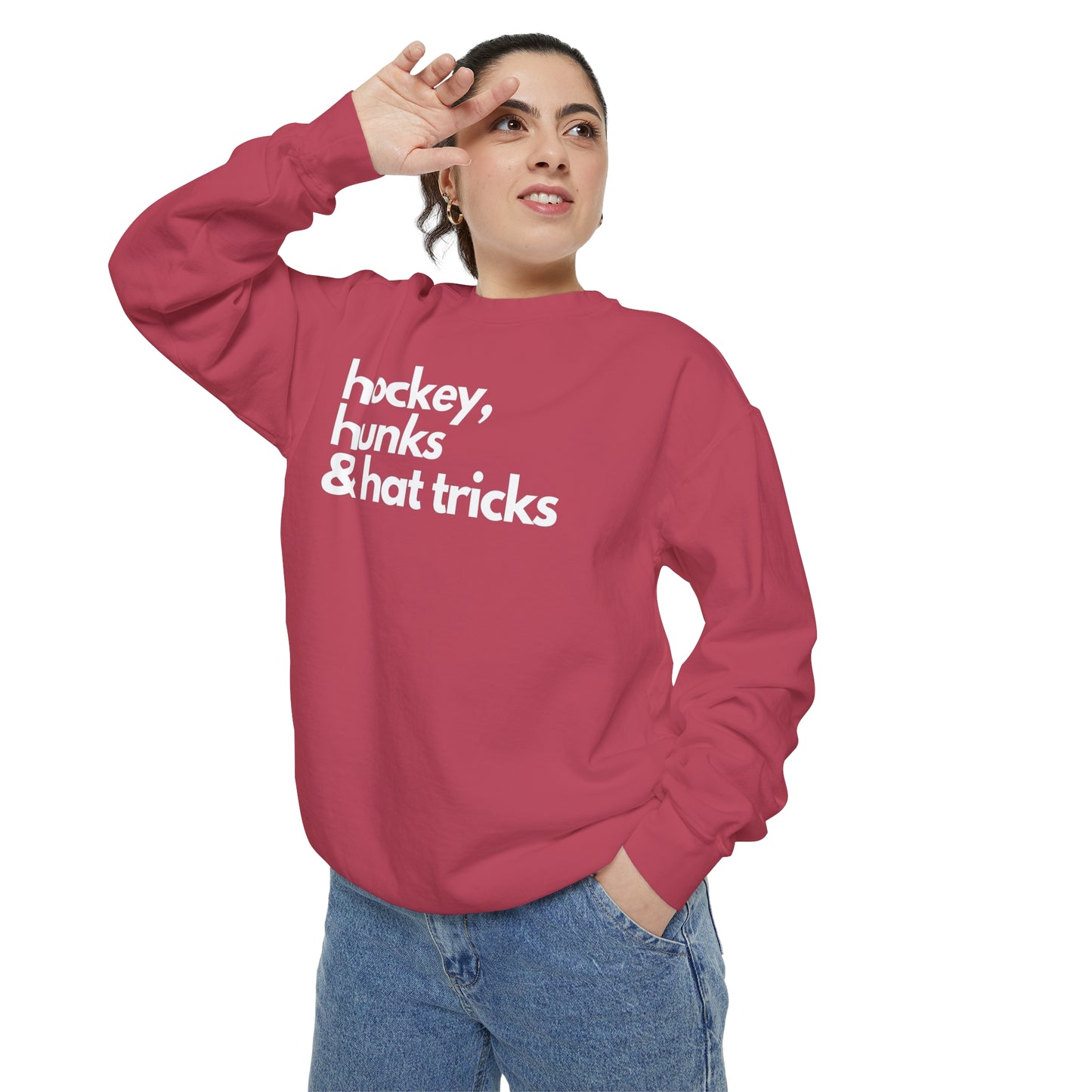 Hockey, Hunks & Hat Tricks Unisex Comfort Colors Crewneck Sweatshirt