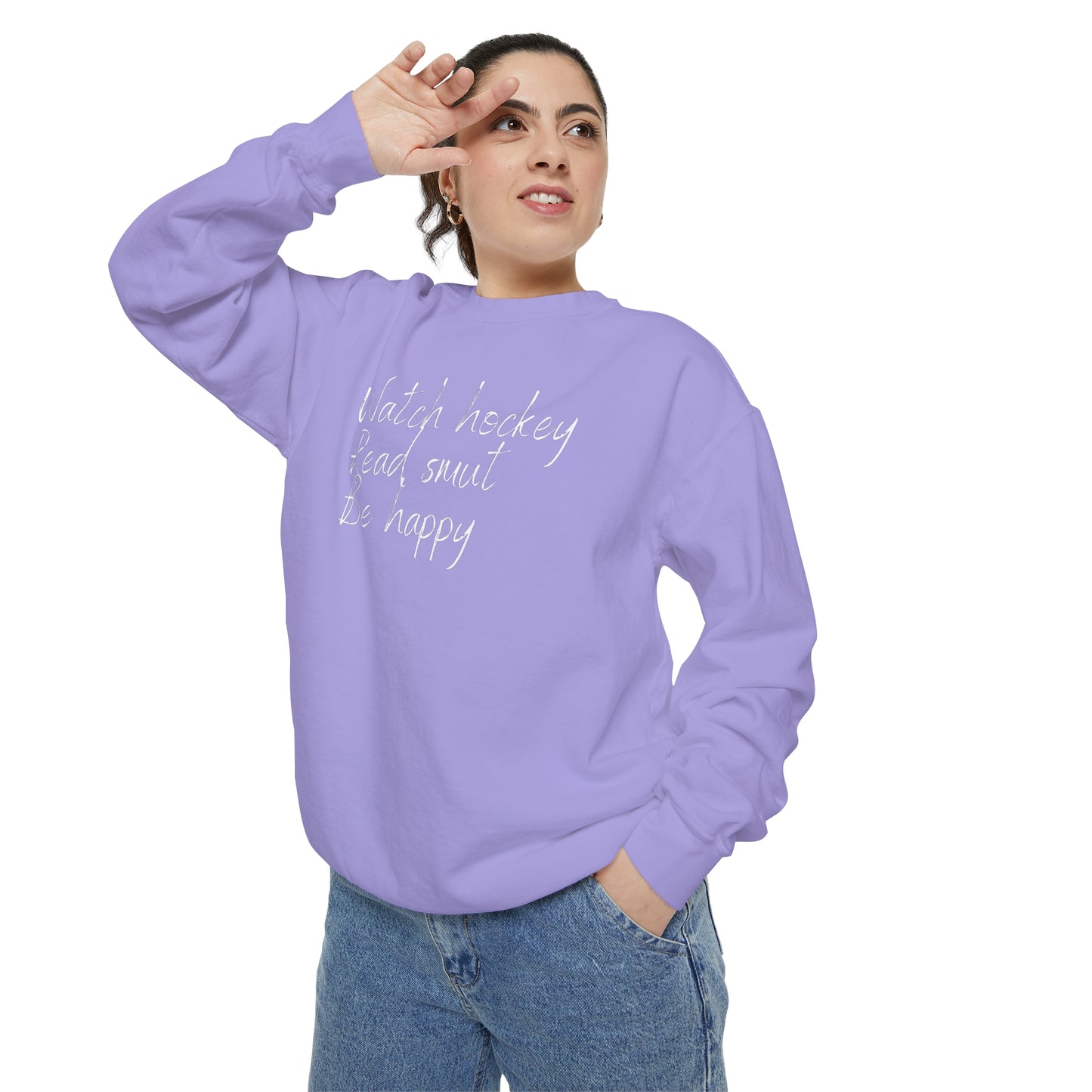 Watch Hockey. Read Smut. Be Happy Unisex Comfort Colors Crewneck Sweatshirt