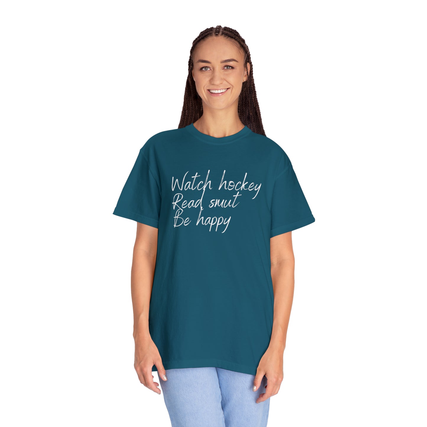 Watch hockey. Read Smut. Be happy Unisex Comfort Colors Tee