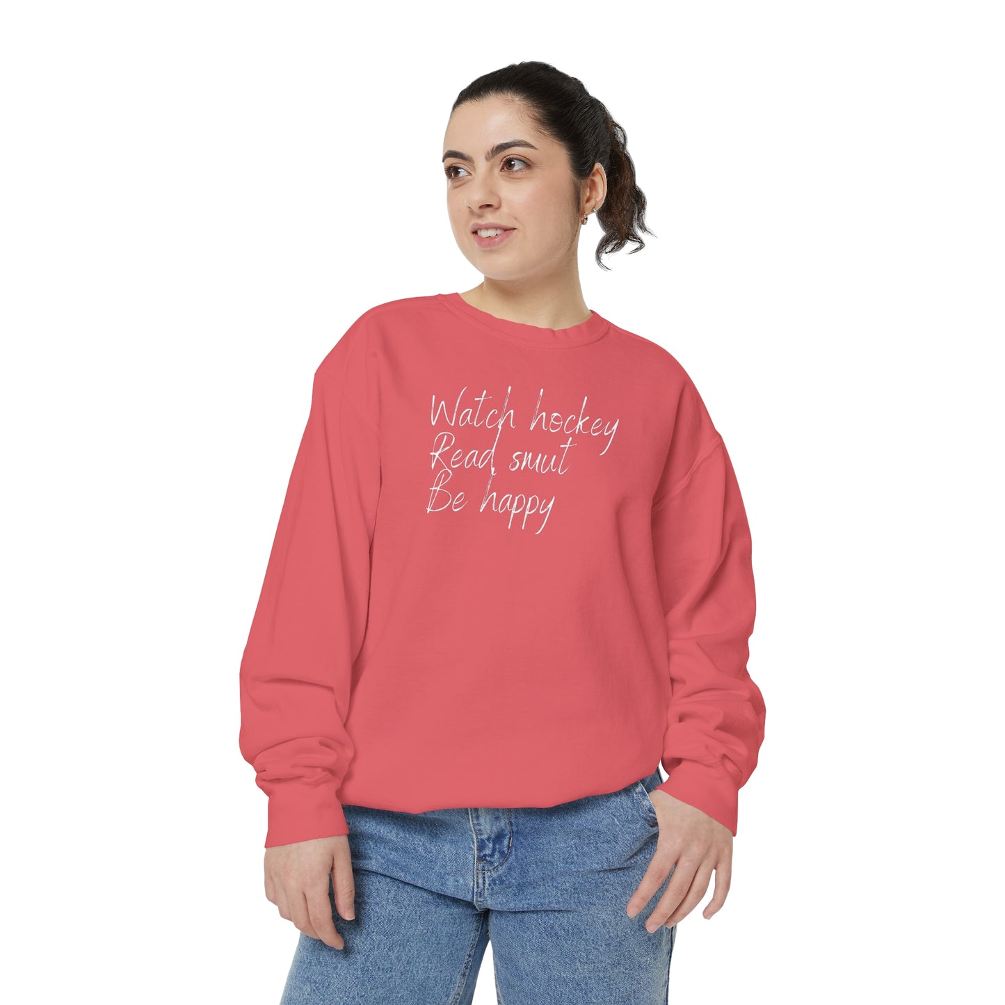 Watch Hockey. Read Smut. Be Happy Unisex Comfort Colors Crewneck Sweatshirt