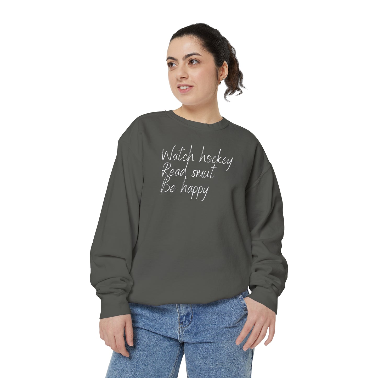 Watch Hockey. Read Smut. Be Happy Unisex Comfort Colors Crewneck Sweatshirt