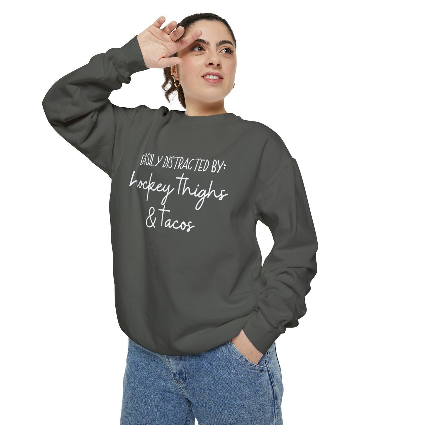 Easily Distracted by Hockey Thighs & Tacos Unisex Comfort Colors Sweatshirt
