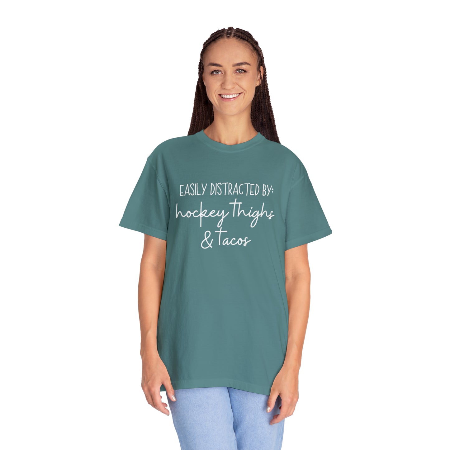 Easily Distracted by: Hockey Thighs and Tacos Unisex Comfort Colors T-shirt