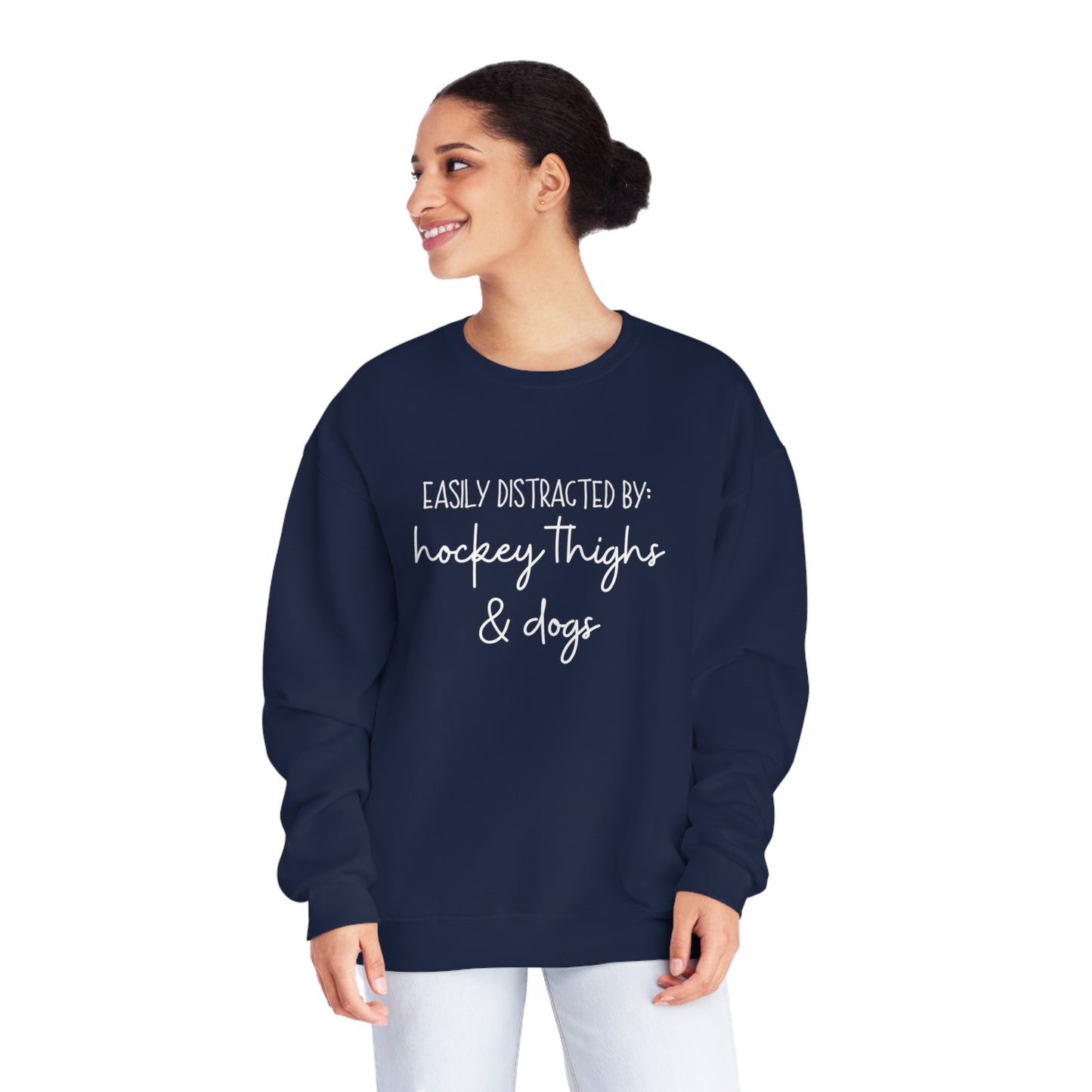 Easily Distracted by Hockey Thighs and Dogs Unisex Jerzees Crewneck Sweatshirt