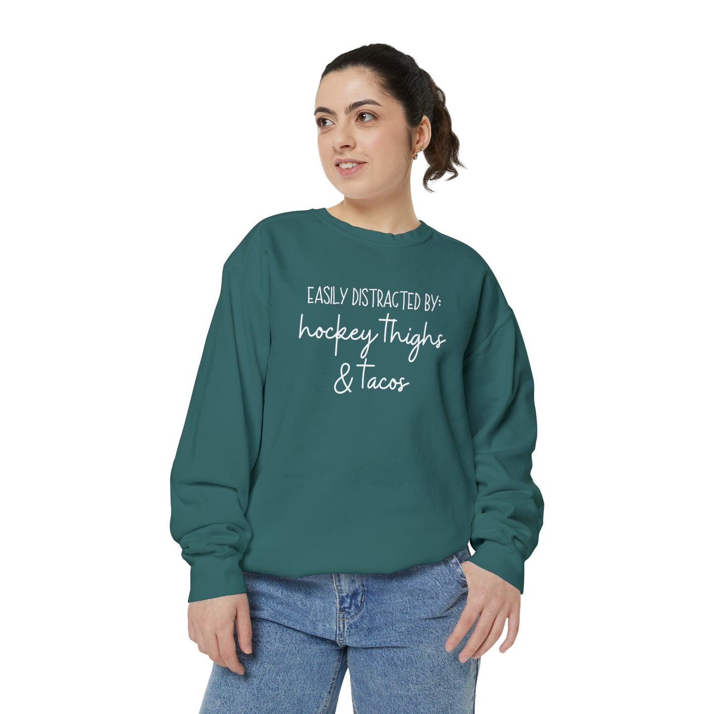 Easily Distracted by Hockey Thighs & Tacos Unisex Comfort Colors Sweatshirt