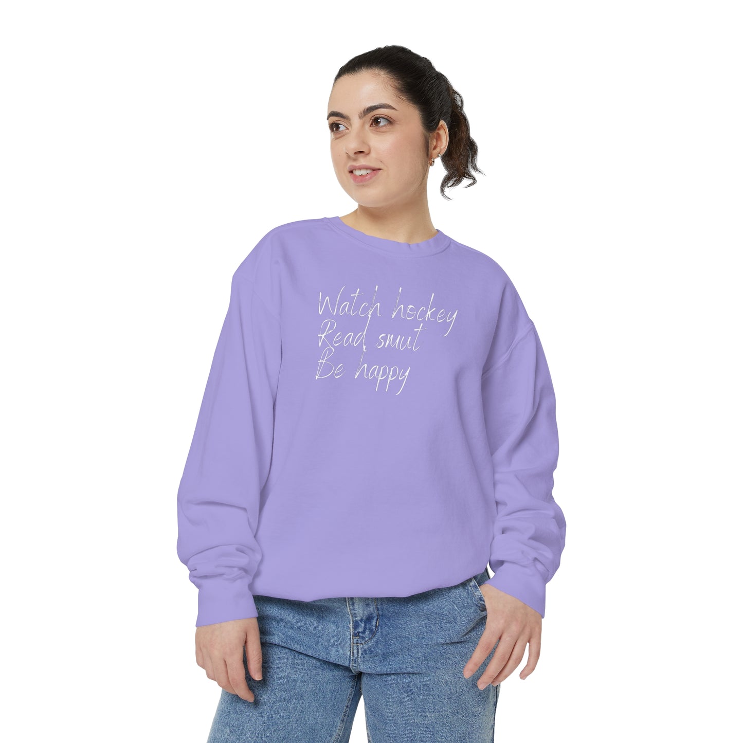 Watch Hockey. Read Smut. Be Happy Unisex Comfort Colors Crewneck Sweatshirt