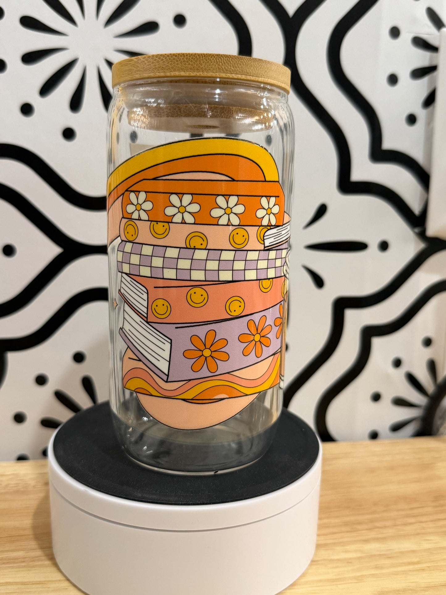 Retro Book Stack 16oz Libby Glass Cup with Bamboo Lid & Straw