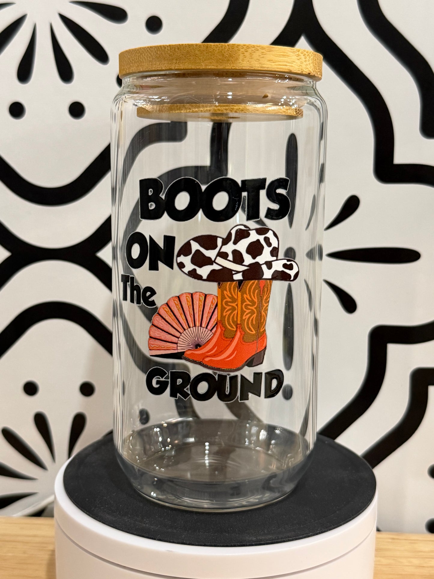 Boots On The Ground 16oz Libby Glass Cup with Bamboo Lid & Straw