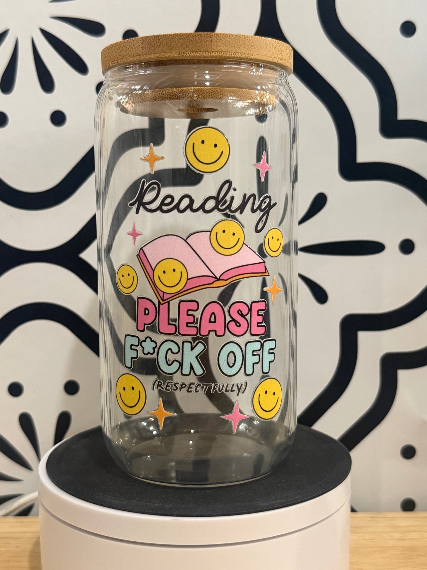 Reading Please F*ck Off (Respectfully) 16oz Libby Glass Cup with Bamboo Lid & Glass Straw