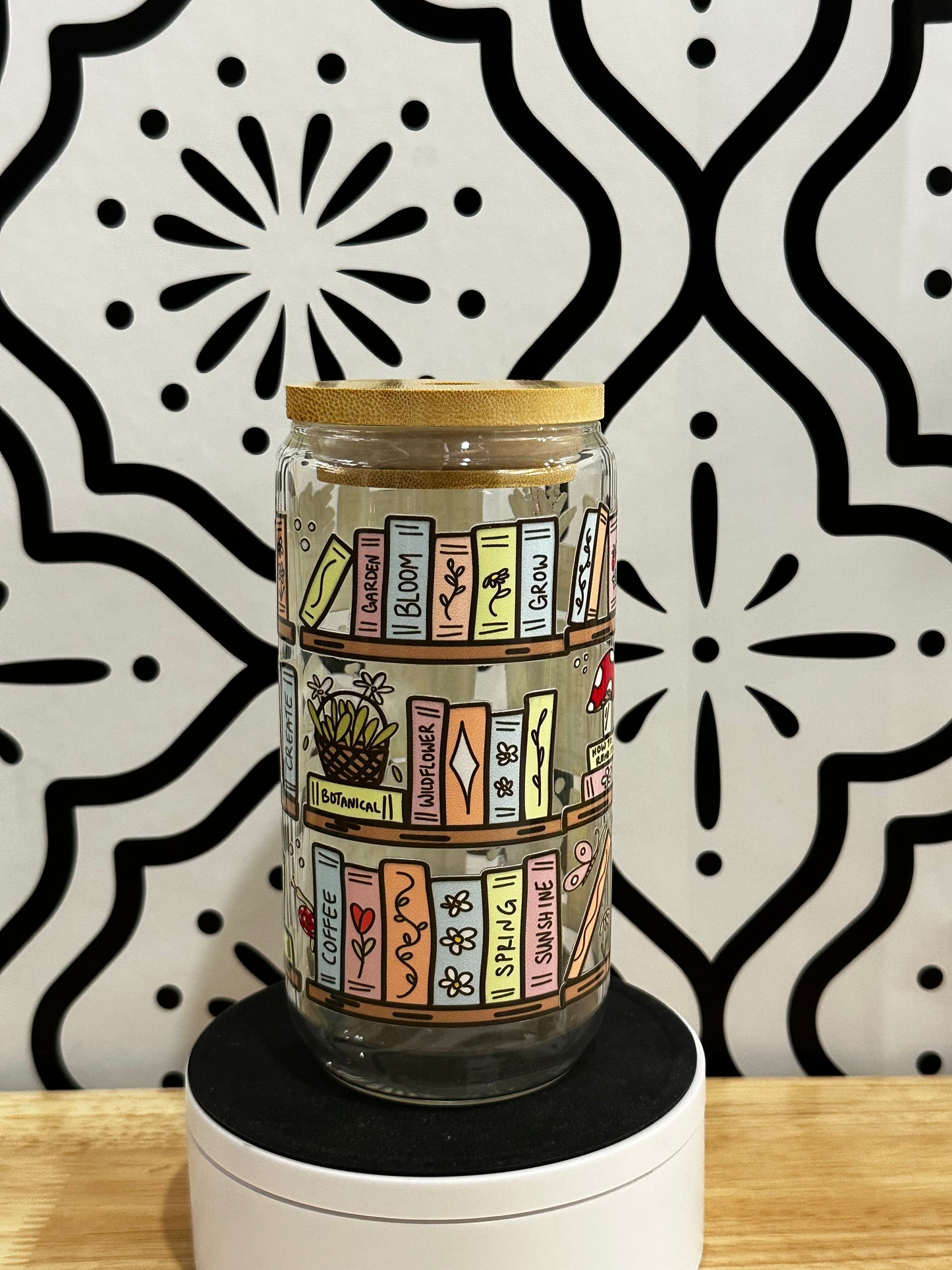 Floral Bookshelf Libby Glass 16oz | Book Lover Gift | Clearance