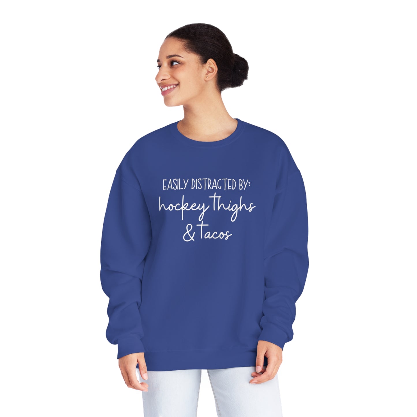 Easily Distracted by: Hockey Thighs and Tacos Unisex Jerzees Crewneck Sweatshirt