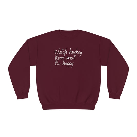 Watch Hockey. Read Smut. Be Happy Unisex Jerzees Crewneck Sweatshirt