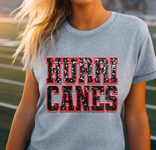 Hurricanes Black and Red Faux Sequin Print on Shirt