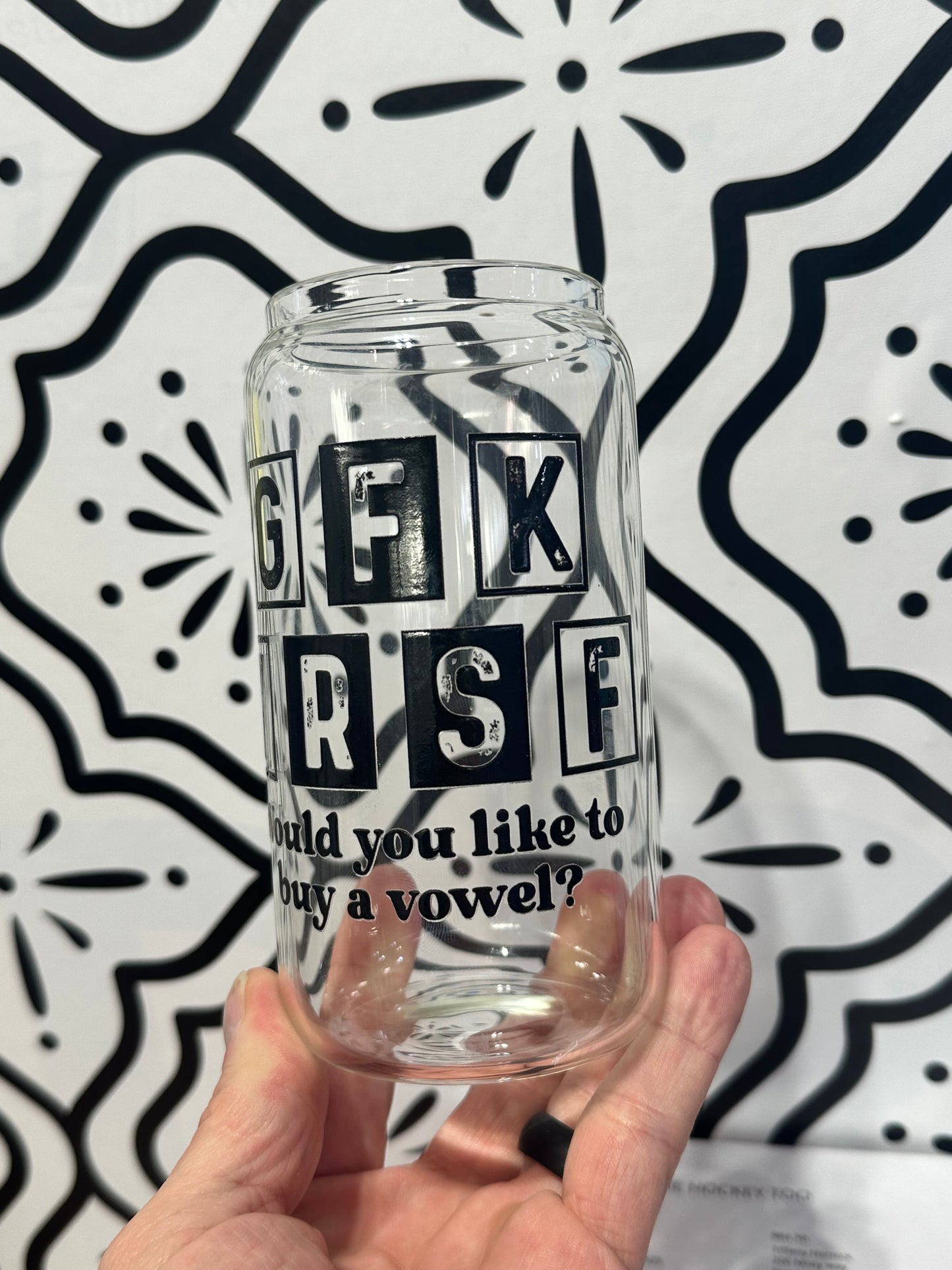 Funny Sassy 16oz Libby Glass Cup “Would You Like to Buy a Vowel?” | Adult UV DTF Design