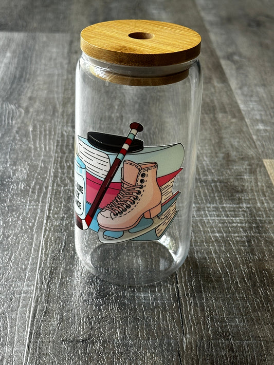 Book Lover Ice Skate 16oz Libby Glass Cup with Bamboo Lid & Glass Straw