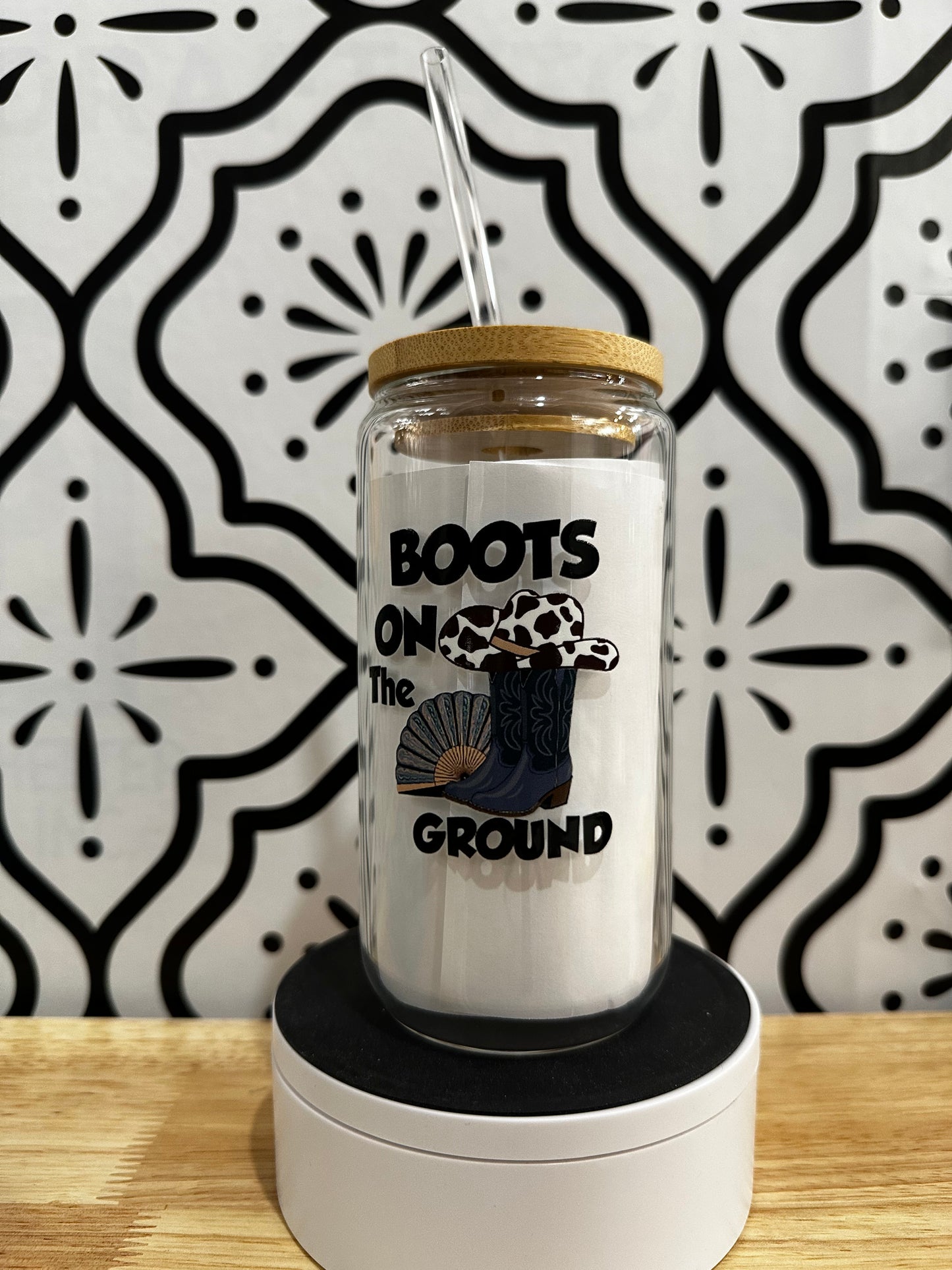 Boots On The Ground Libby Glass 16oz  Western Cowgirl Cup  Clearance