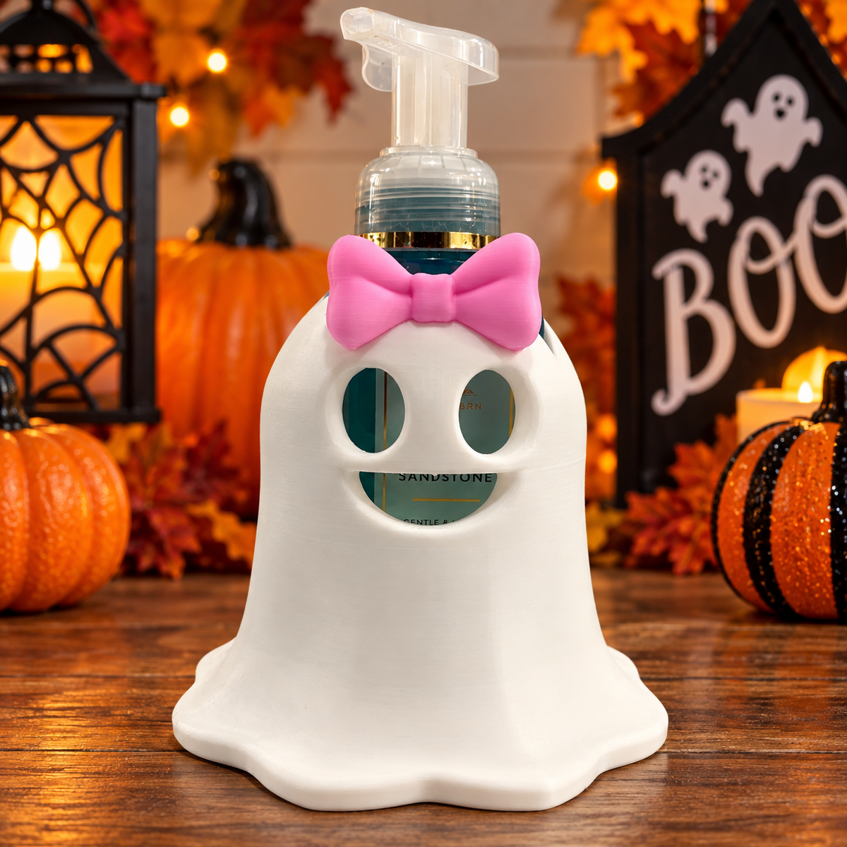 Ghost Soap Bottle Holder with Pink Bow – 3D Printed Halloween Decor